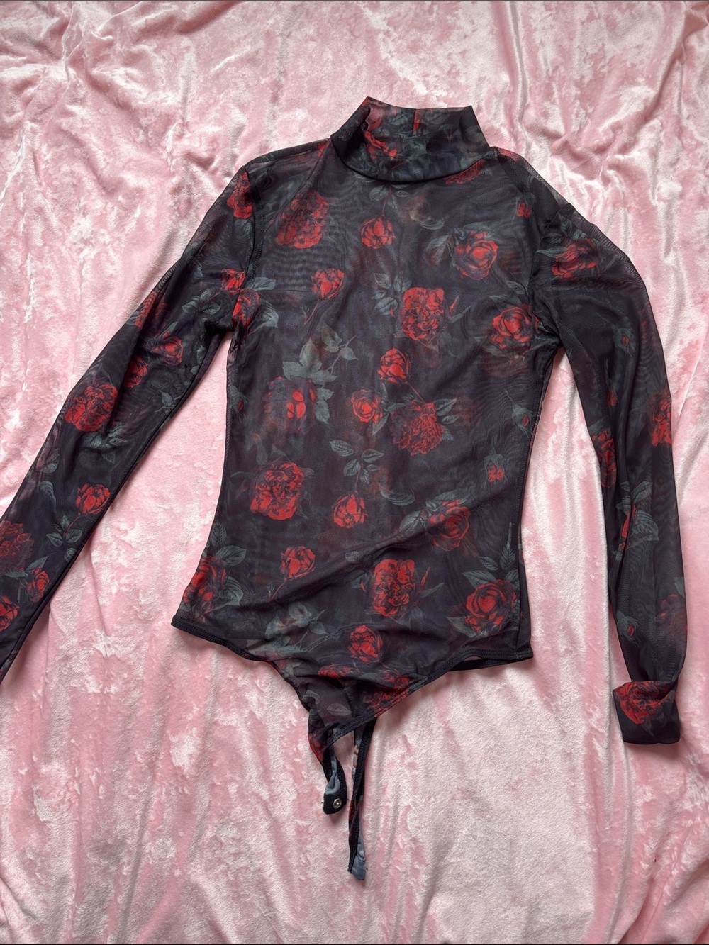 Black Mesh Rose-Print Turtleneck Bodysuit